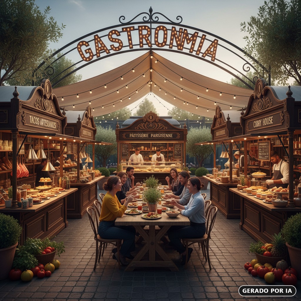 Gerado por IA: Grupo de pessoas jantando em uma mesa ao ar livre em um mercado gastronômico decorado com luzes e barracas de comida.